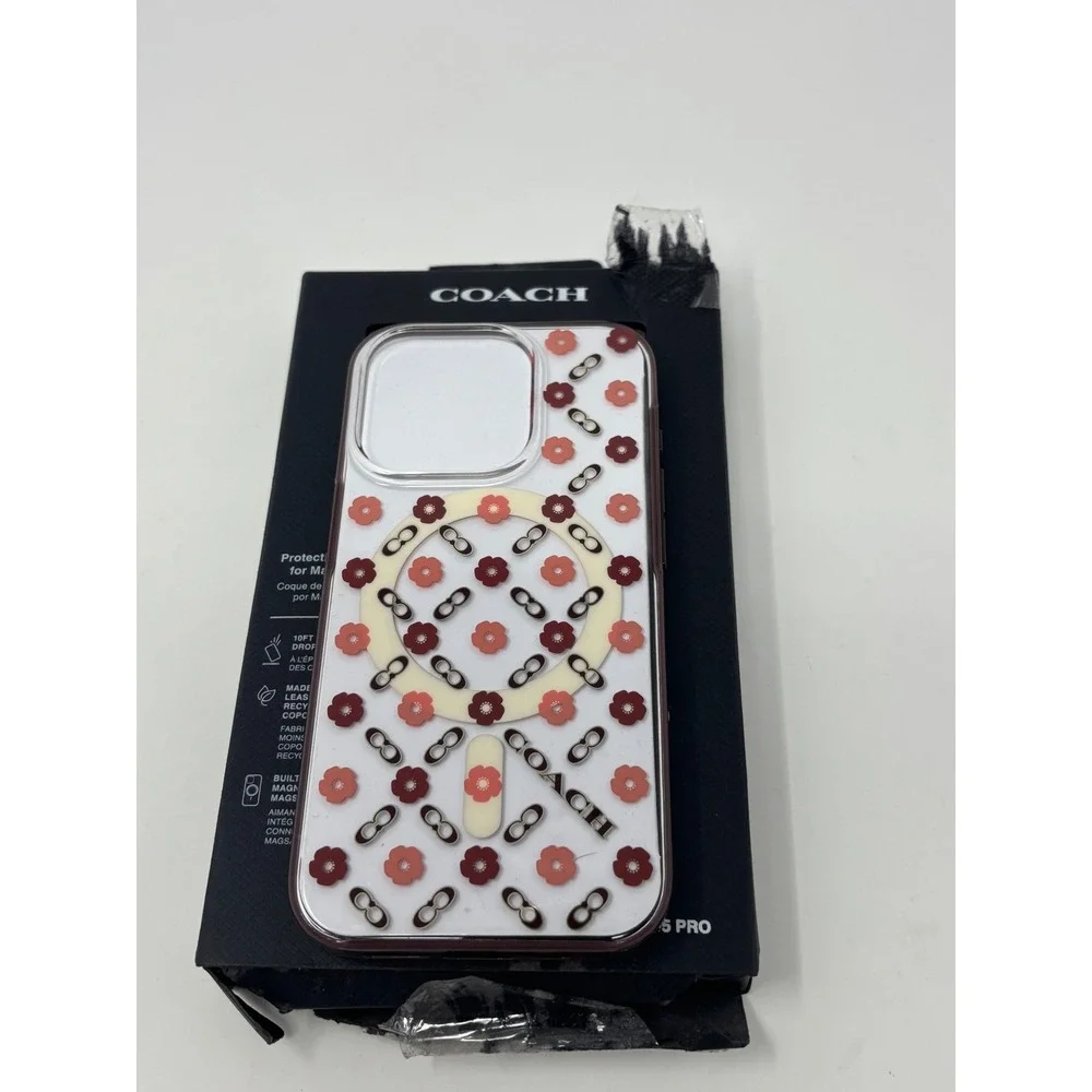 Coach iPhone 15 Pro Case MagSafe Floral Signature C Pattern Pink Burgundy New